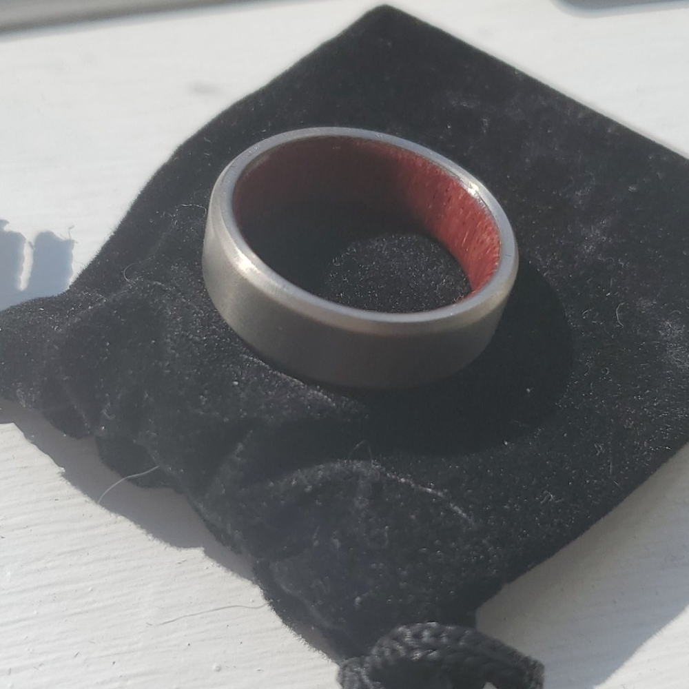 Wedding band with wood inlay